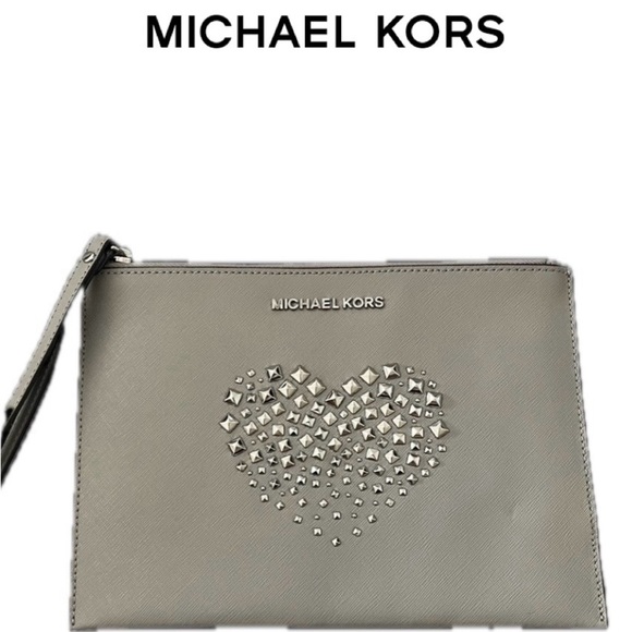 Michael Kors Giftables XL Zip Clutch Bag Saffiano Leather “Gray” Heart Studs - Picture 1 of 11
